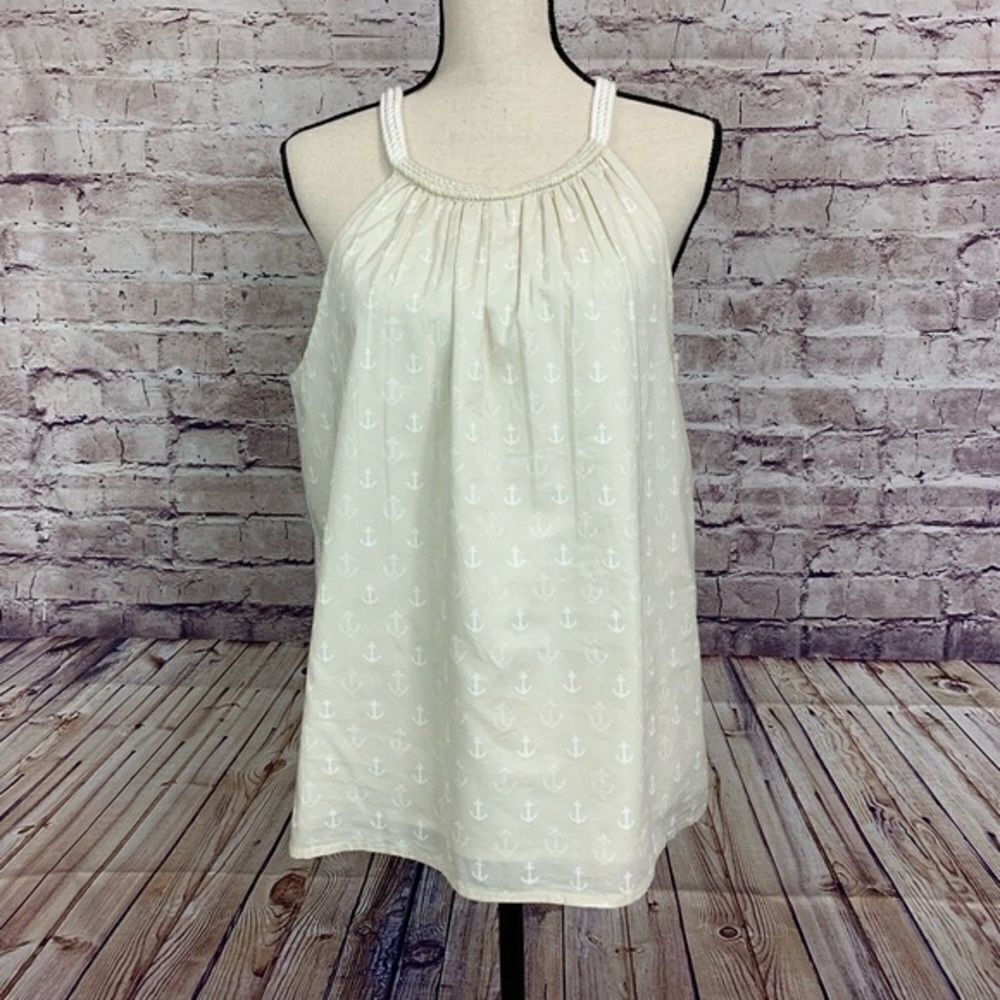 J. CREW Sleeveless Halter Blouse Nautical Anchor Print Tan White 4